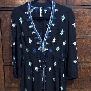 Free People Black Mini Dress with Blue and White Embroidery